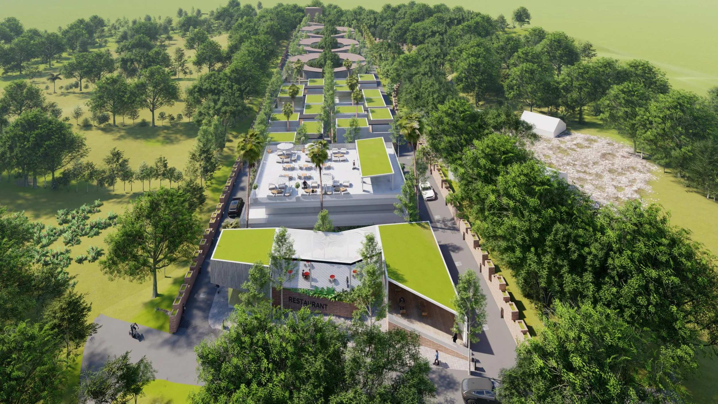Project — aerial view of green-roof campus